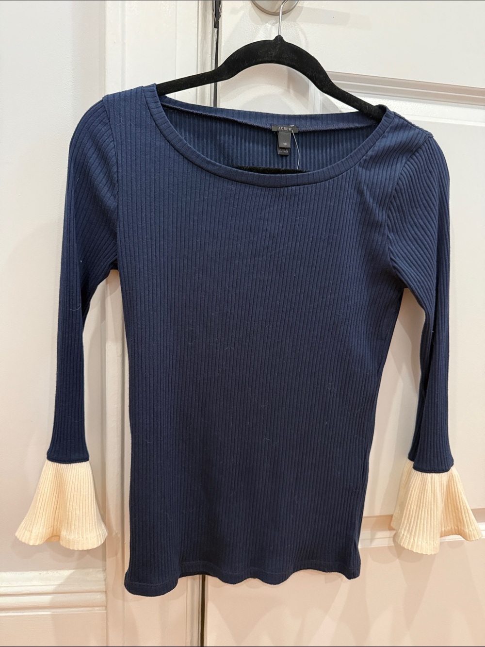 J. Crew Navy Ribbed Long Sleeve Top with Cream Bell Cuffs